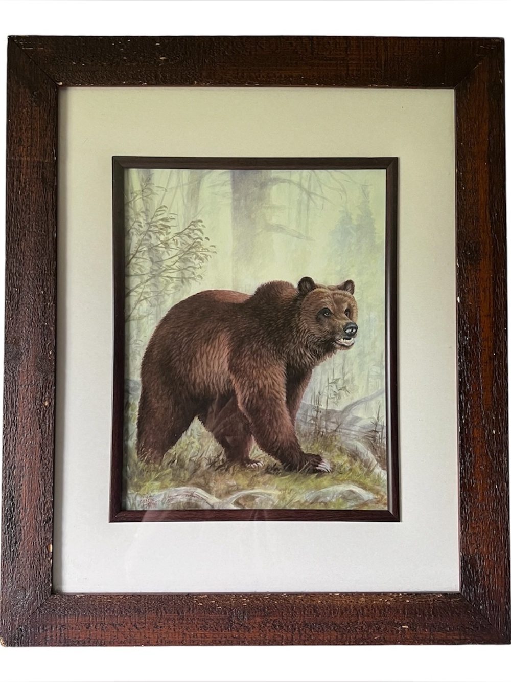 VTG 2006 Ann Jenkins Double Matted Framed Print Grizzly Mama Rustic Wood 24'x19"
